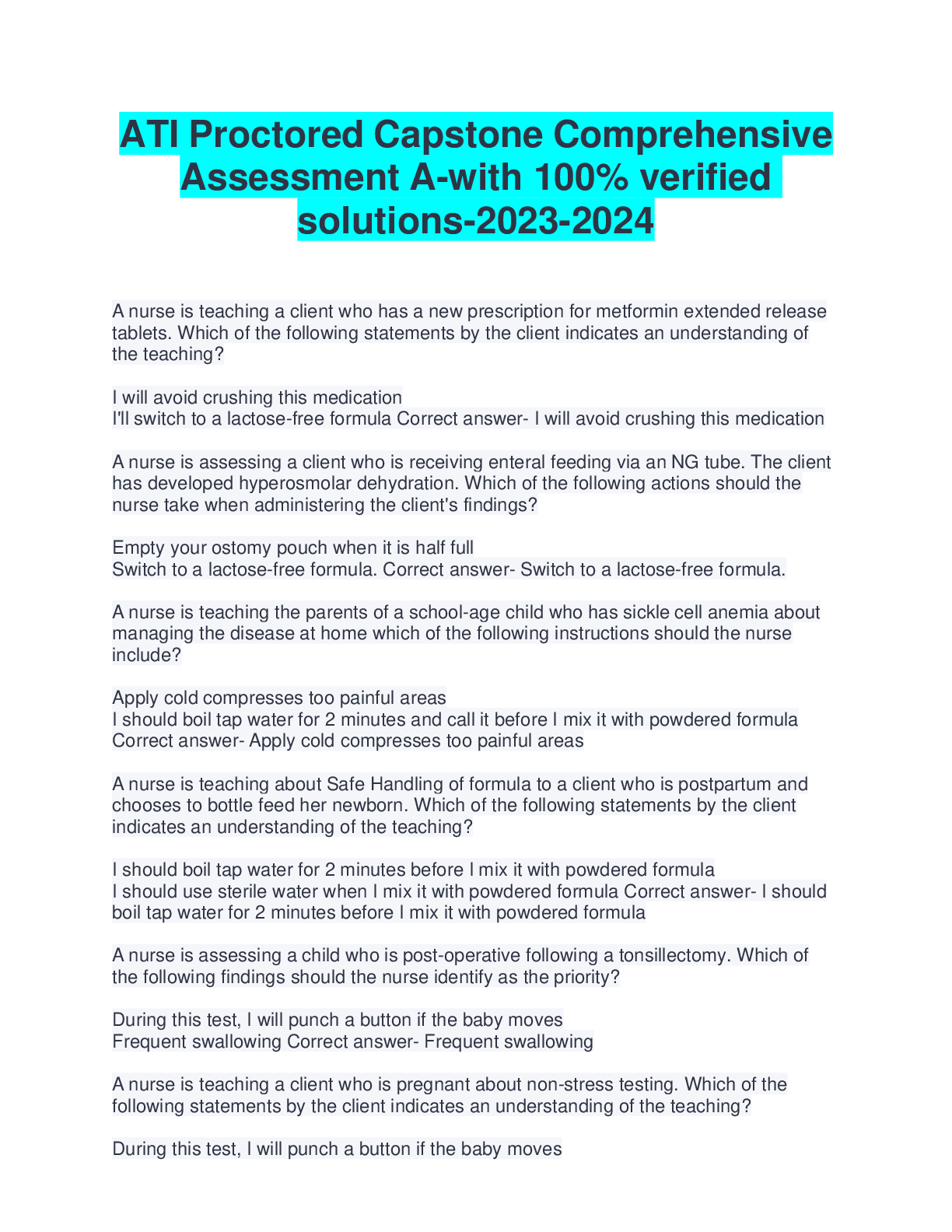 ATI Proctored Capstone Comprehensive Assessment Awith 100 verified